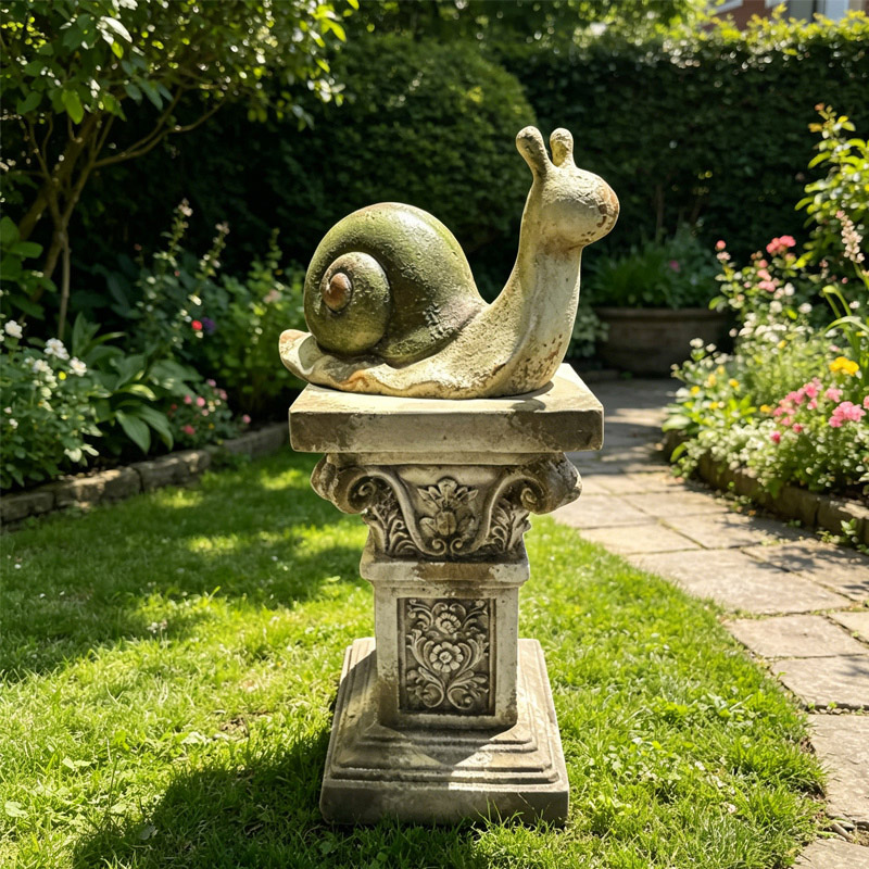 Printed Retro Green Snail Statue with Roman Pillar Pedestal Set