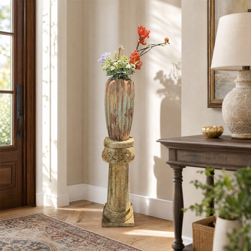 Tall Retro Roman Column Pedestal and Vase Set