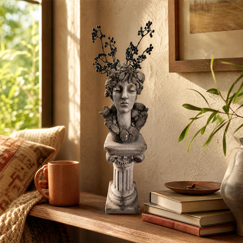 Retro Goddess Head Planter with Roman Pillar Stand Set