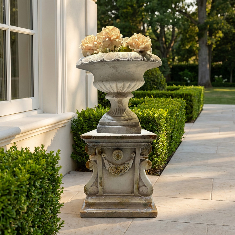 Classic Ribbed Urn and Swag Pedestal Base Set Classic Ribbed Urn and Swag Pedestal Base Set