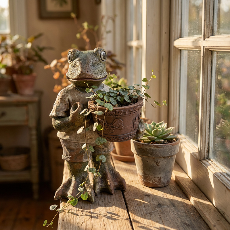 Vintage Whimsical Frog Holding Flowerpot Statue