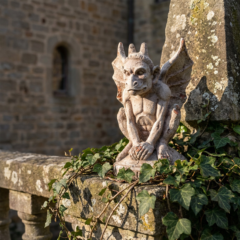 Retro Horned Winged Gargoyle Stone Statue