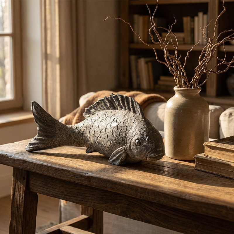 Retro Silver Koi Fish Stone Statue