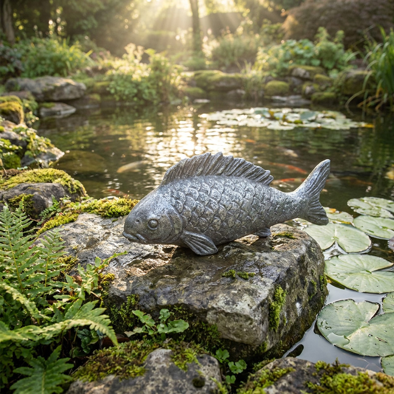  Retro Silver Koi Fish Stone Statue