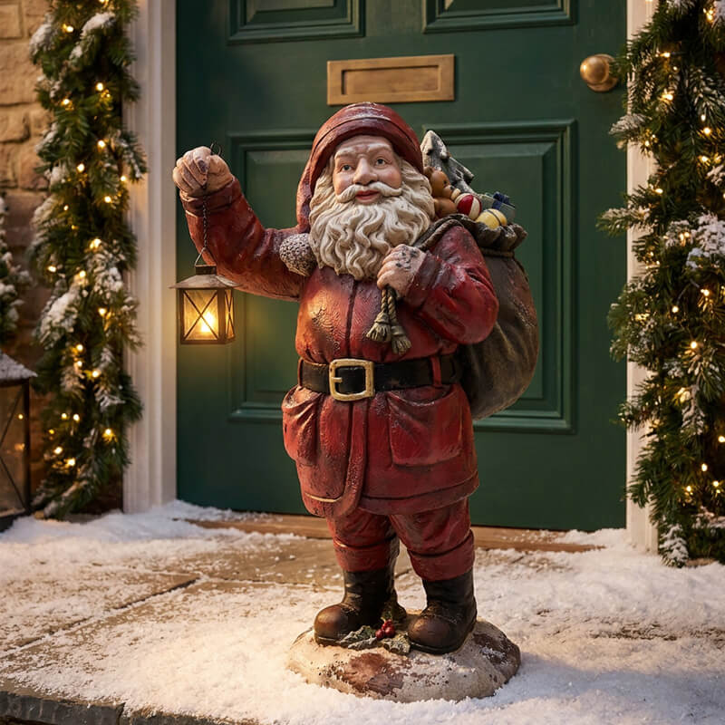 Retro Santa with Lantern Christmas Stone Statue