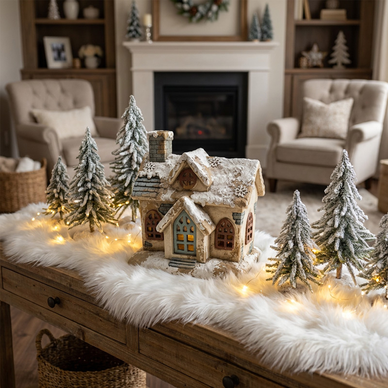 Vintage Snow-Covered Winter Cottage Statue