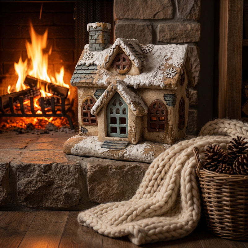 Tall Hand-Painted Christmas Cabin Figurine 