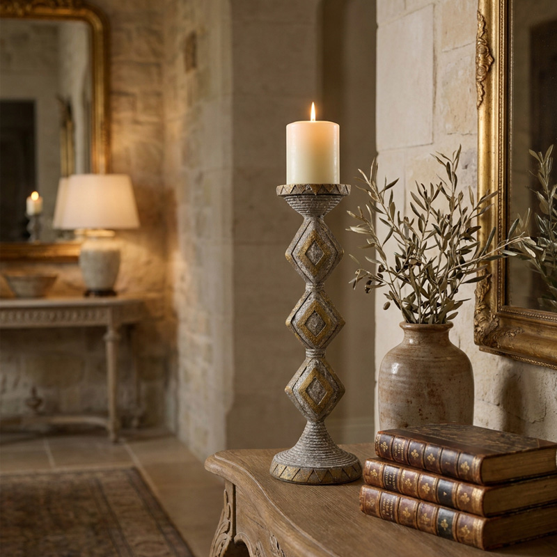 Vintage Geometric Diamond Pillar Candle Holder