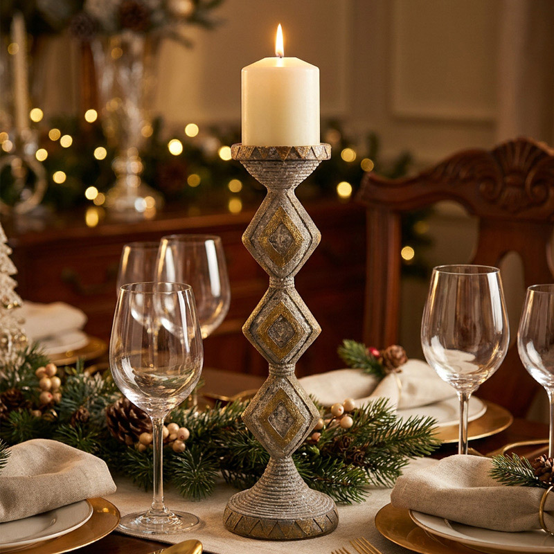 Vintage Geometric Diamond Pillar Candle Holder