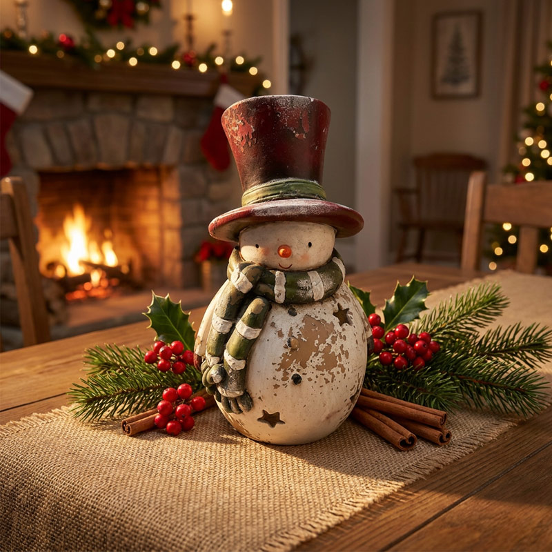 Vintage Distressed Snowman Statue with Star Cutouts