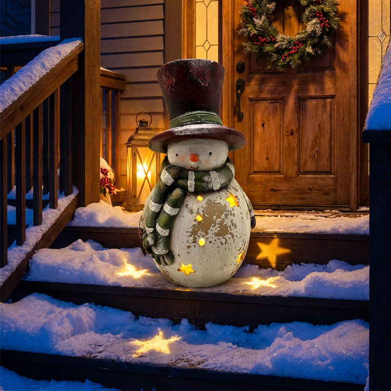 Vintage Distressed Snowman Statue with Star Cutouts