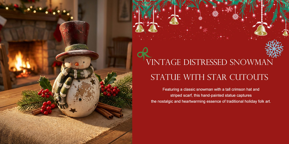 Vintage Distressed Snowman Statue with Star Cutouts