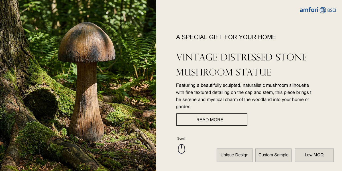 Vintage Distressed Stone Mushroom Statue