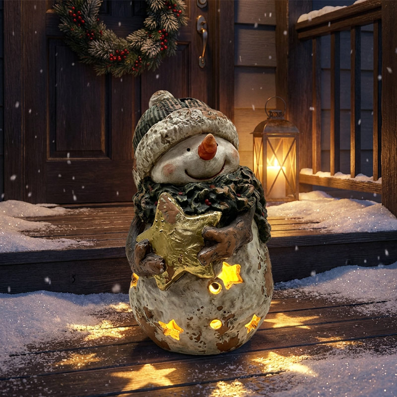 Vintage Distressed Snowman Statue with Golden Star