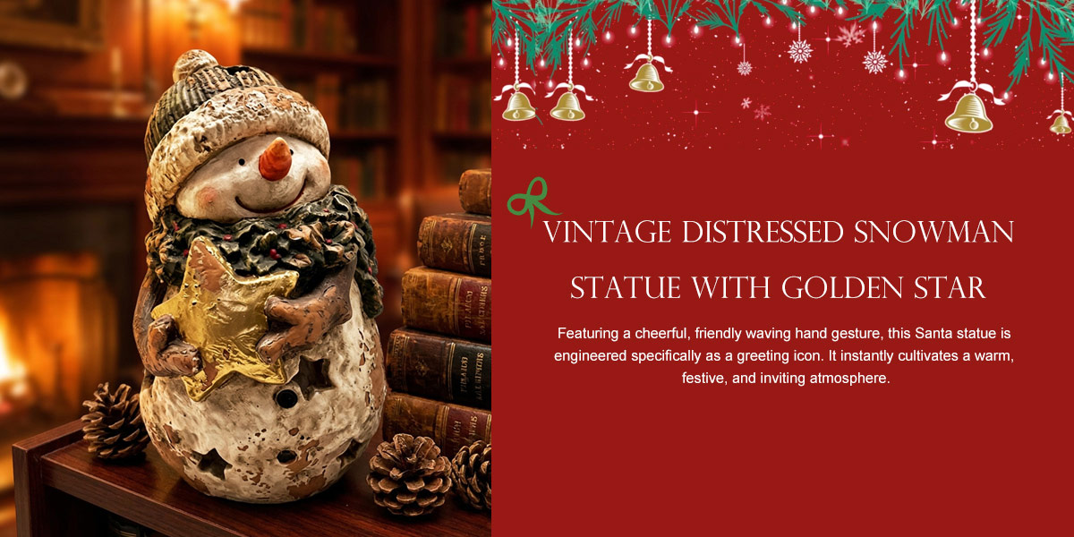 Vintage Distressed Snowman Statue with Golden Star