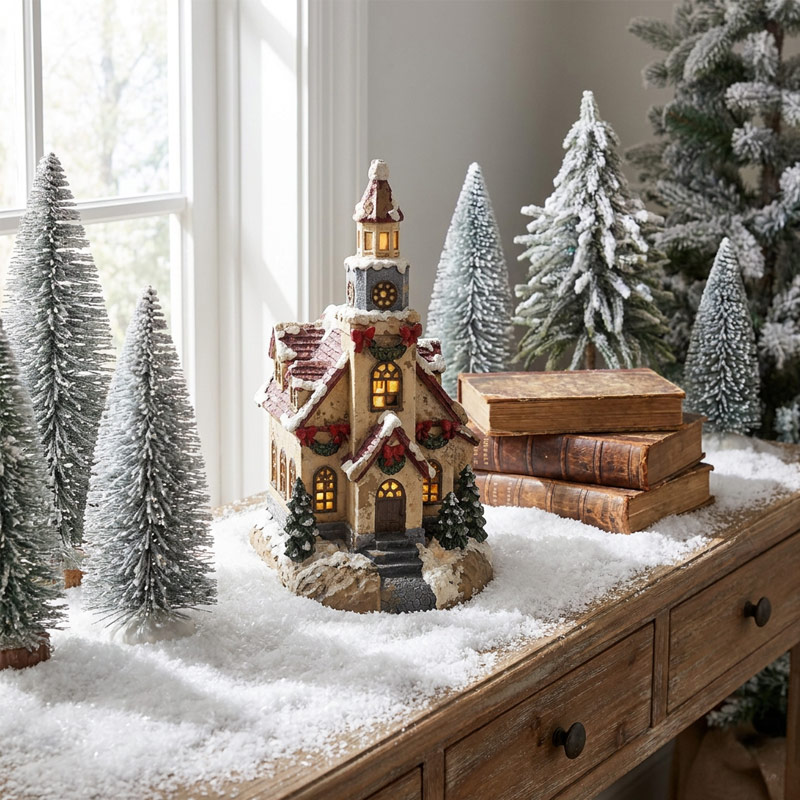 Vintage Illuminated Snowy Christmas Church Statue