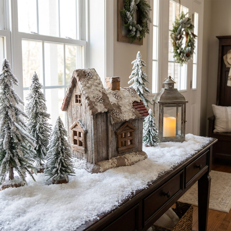 Vintage Wood-Finish Snowy Cabin