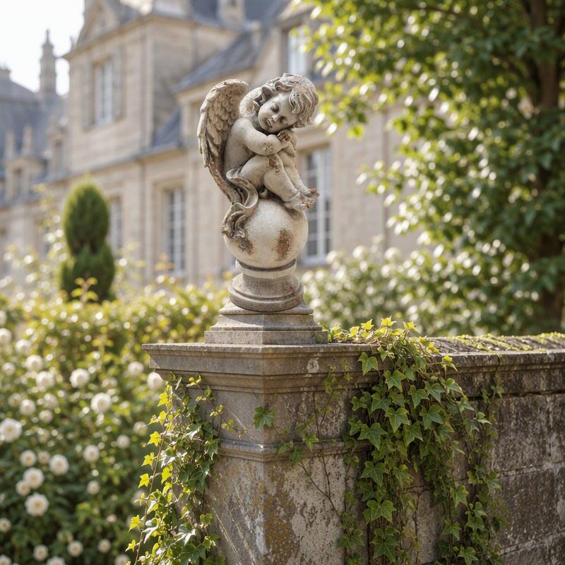 Antique Cherub on Sphere Statue