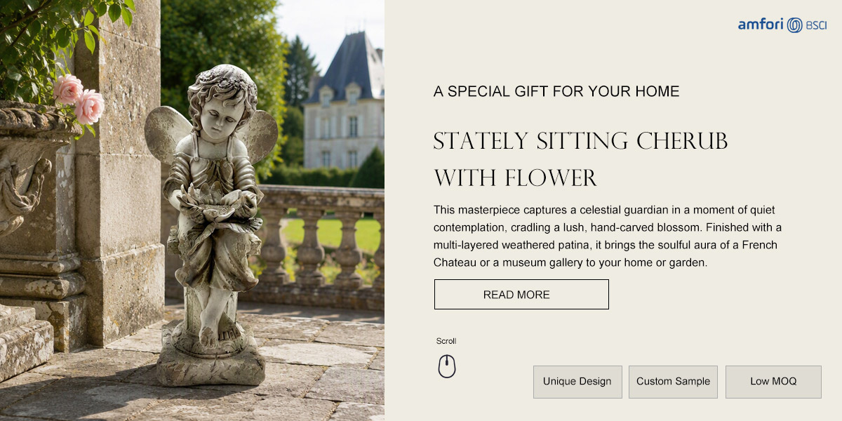 Stately Sitting Cherub with Flower Stately Sitting Cherub with Flower
