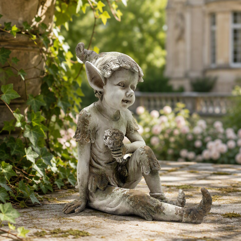 Antique Sitting Pixie Statue with Flower