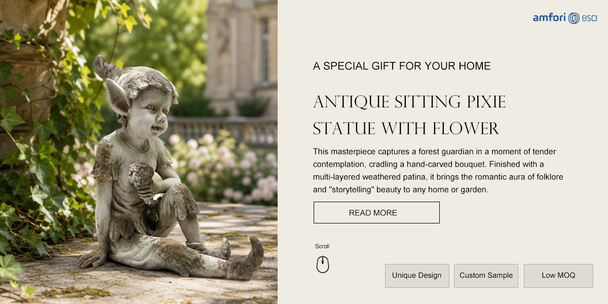 Antique Sitting Pixie Statue with Flower Antique Sitting Pixie Statue with Flower