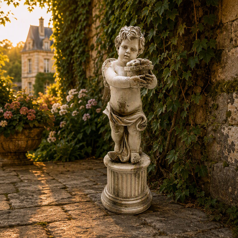 Vintage MgO Cherub on Pedestal Statue
