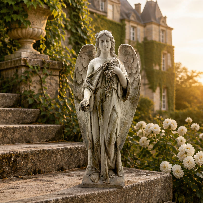 Vintage  MgO Winged Angel Statue Companies- 40.55" Heritage Artistry Garden Sculpture with Floral Bowl, Large Stone-Look Outdoor Decor