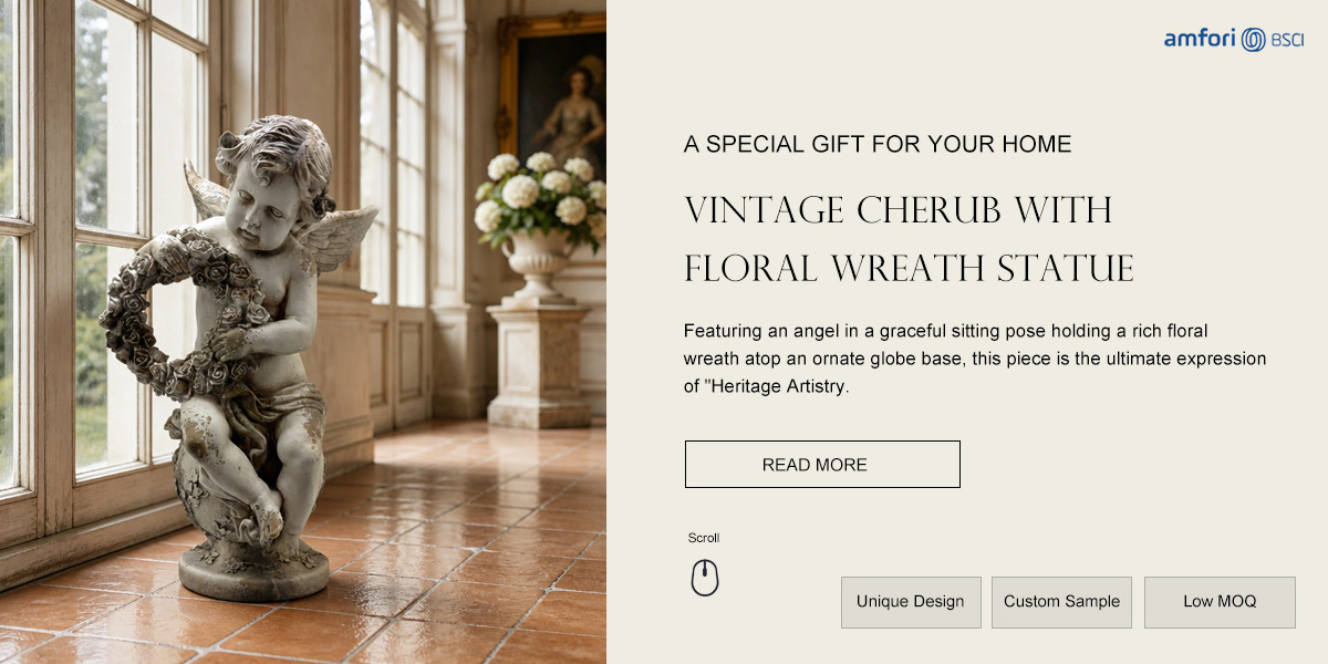Vintage MgO Cherub with Floral Wreath Statue Vintage MgO Cherub with Floral Wreath Statue
