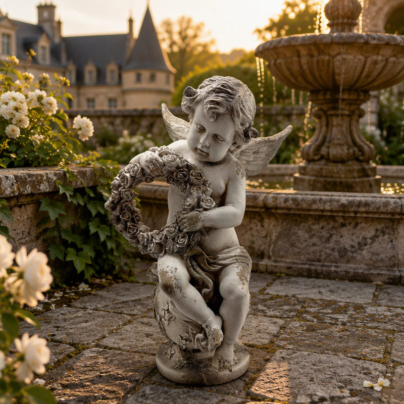 Vintage MgO Cherub with Floral Wreath Statue