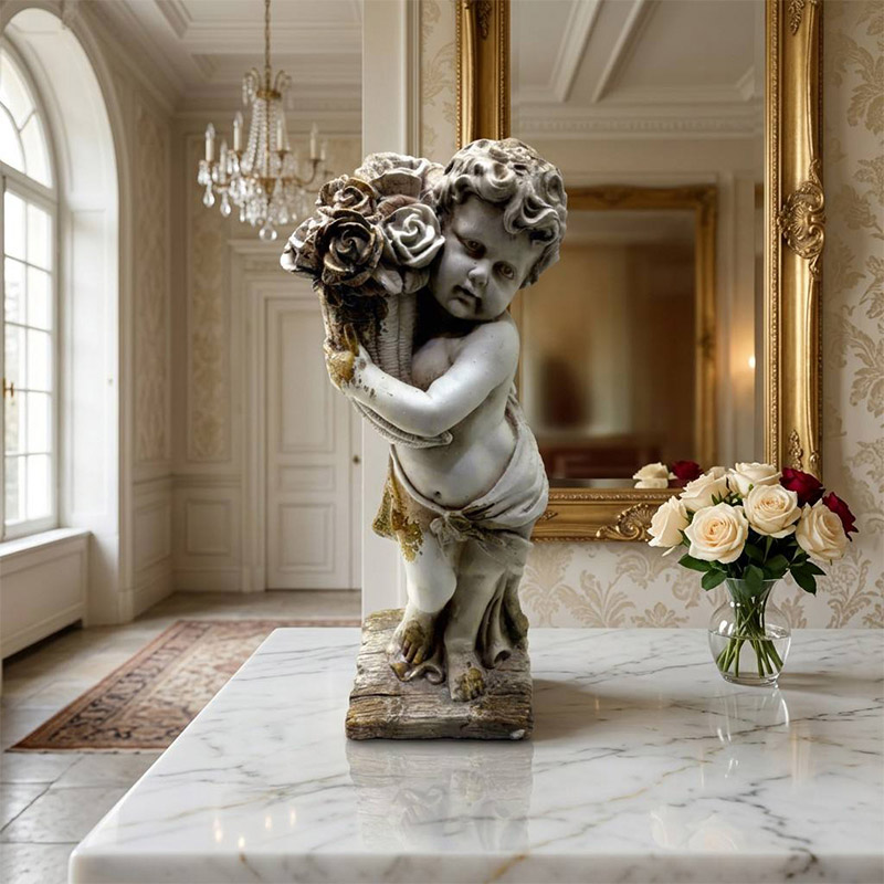 Vintage MgO Cherub Statue with Flower Basket