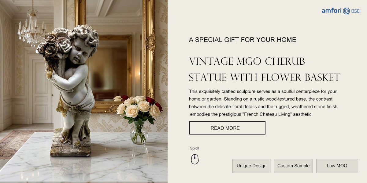 Vintage MgO Cherub Statue with Flower Basket