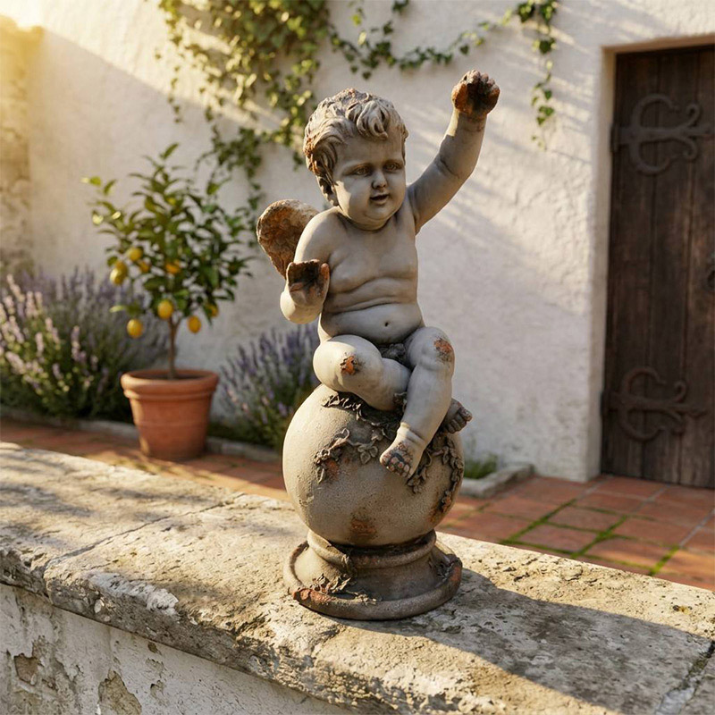 Vintage  Cherub on Celestial Globe Statue Factory - 28.34"  Heritage Artistry Garden Sphere Sculpture, Weatherproof Stone-Look Estate Ornament Decor