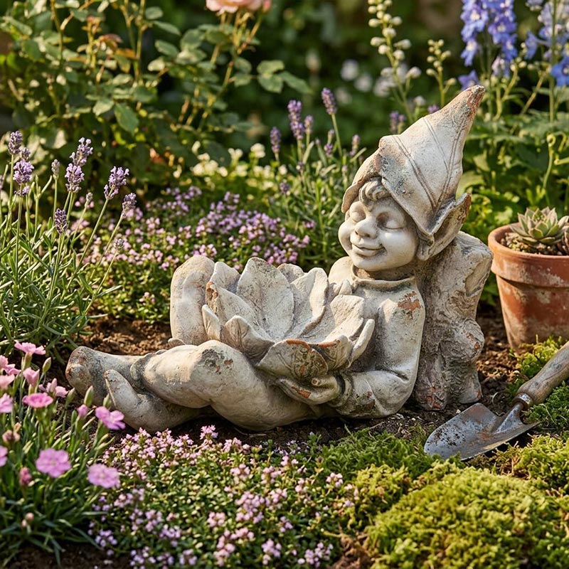 Vintage Rustic Seated Elf Flower Sculpture