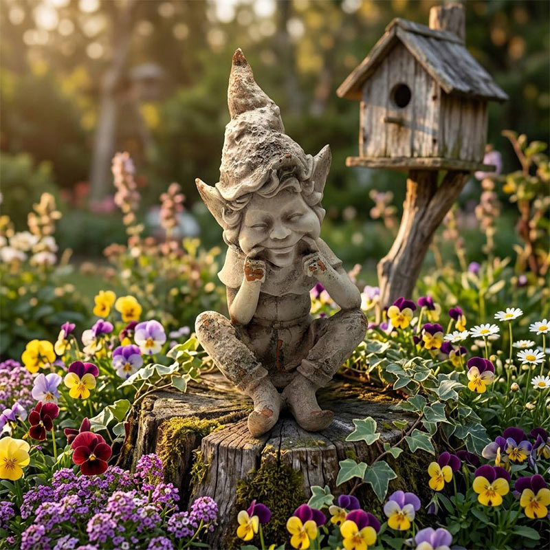 Vintage Seated Gnome Sculpture with Lotus Flower