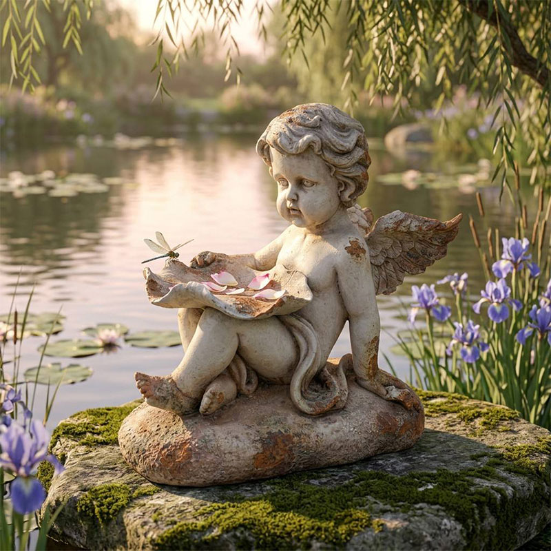 Vintage Seated Cherub Sculpture with Wings
