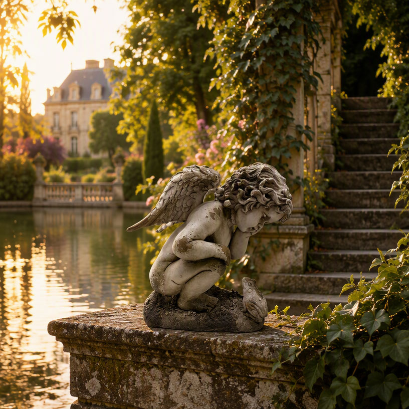 Vintage Kneeling Angel Sculpture with Bird