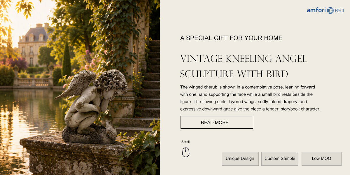 Vintage Kneeling Angel Sculpture with Bird 